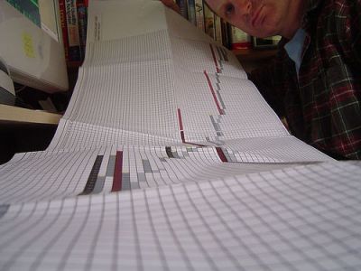Man peering over long Gantt chart