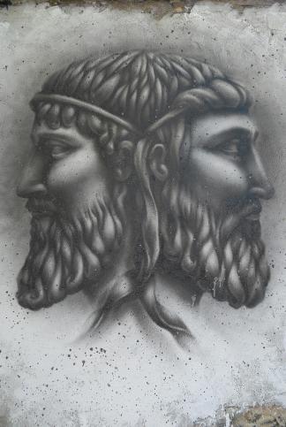 Mural of the two faces of the Roman god Janus