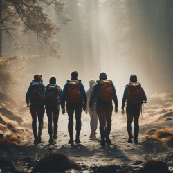 Six hikers with backpacks in the woods